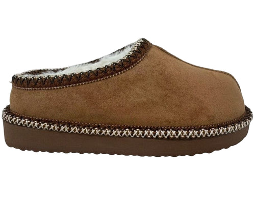 Brown slipper with white fur lining on a white background