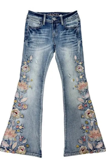 GRACE IN LA Floral Embroidery Flare GIRLS