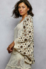 Load image into Gallery viewer, WOMAN WEARING CROCHET CARDIGAN WITH GREY BACKGROUND
