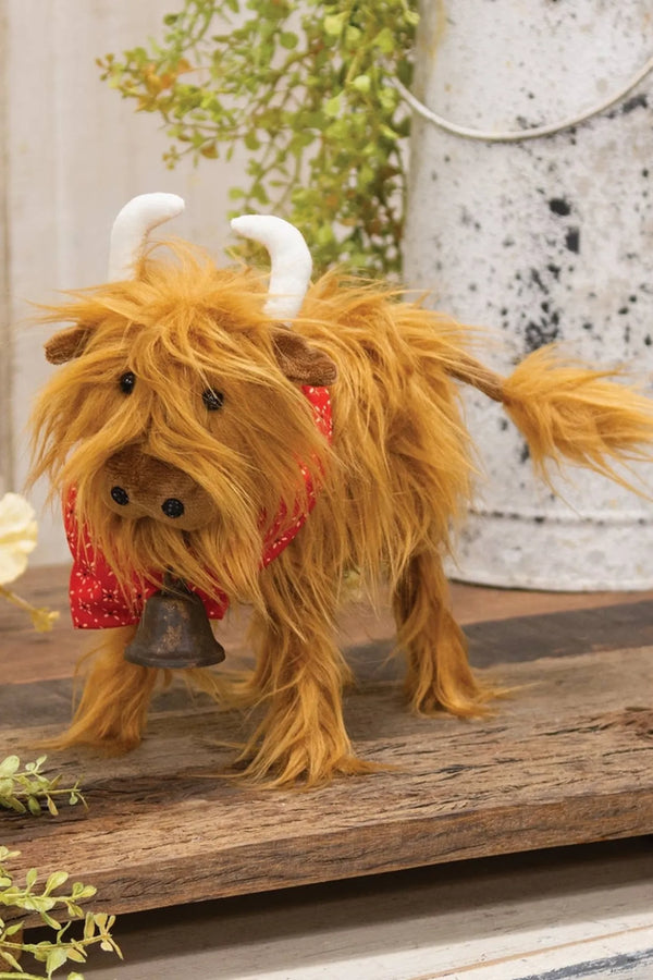 Fluffy Highland Cow W/Bandana and Bell - 9"