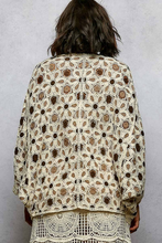 Load image into Gallery viewer, WOMAN WEARING CROCHET CARDIGAN WITH GREY BACKGROUND