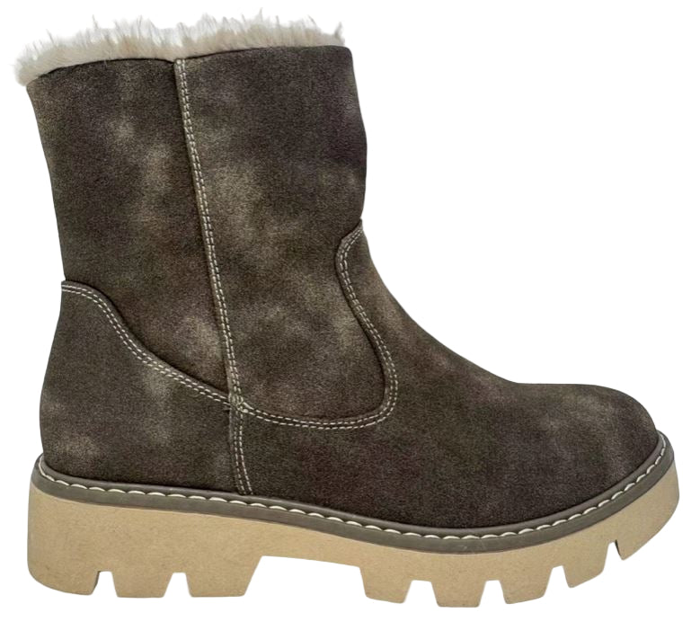 Brown suede ankle boot with white fur lining on a white background