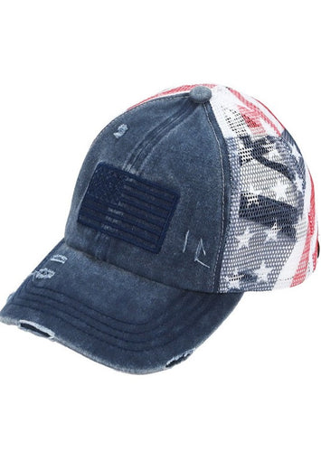 American Flag Mesh Trucker Ponytail Hat