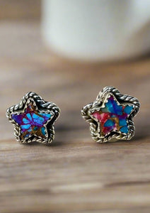 Pink Dahlia Turquoise Star Studs