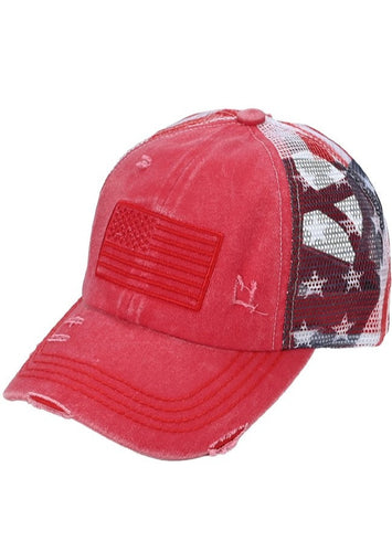 Red American Flag Mesh Trucker Ponytail Hat