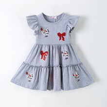 Load image into Gallery viewer, Gray dress with red bow and rooster designs on a white background