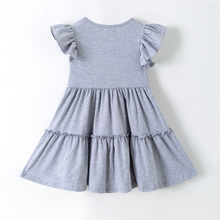 Load image into Gallery viewer, Gray dress with ruffled sleeves and bottom on a white background