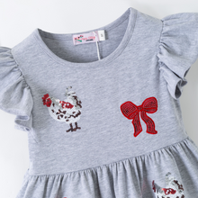 Load image into Gallery viewer, Gray dress with rooster and bow designs on a white background