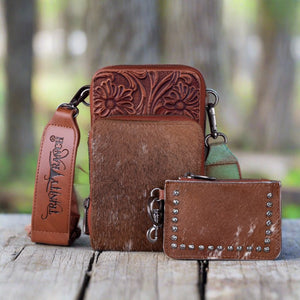 Trinity Ranch Hair-On Cowhide Tooled Purse with Coin Pouch
