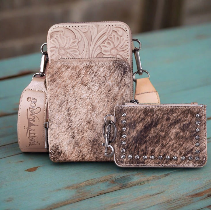 Trinity Ranch Hair-On Cowhide Tooled Purse with Coin Pouch
